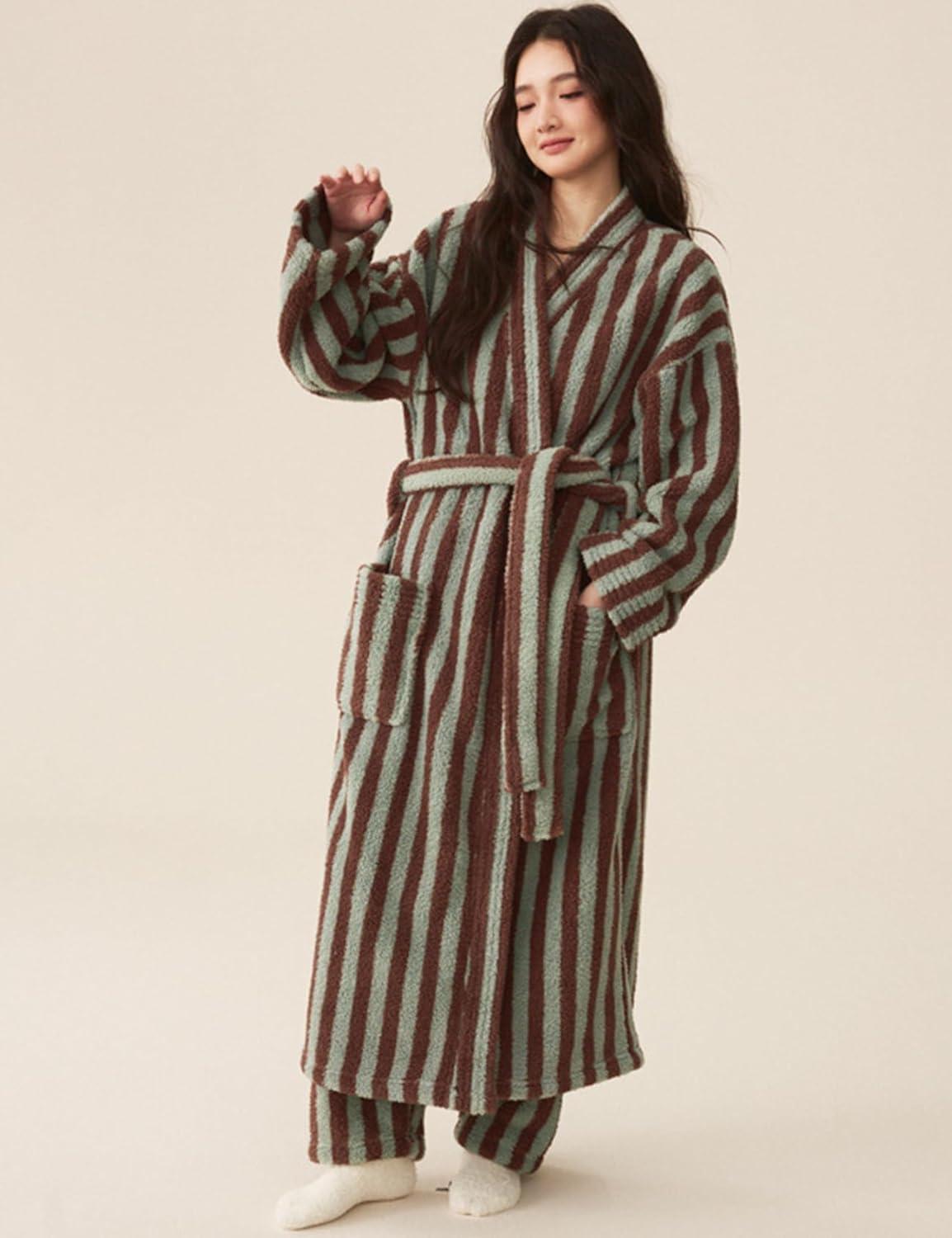 Arssm Womens Striped Fluffy Robe Long Plush Bathrobes Fuzzy Warm Cozy Thick Loungewear Maxi Robe(Khaki)