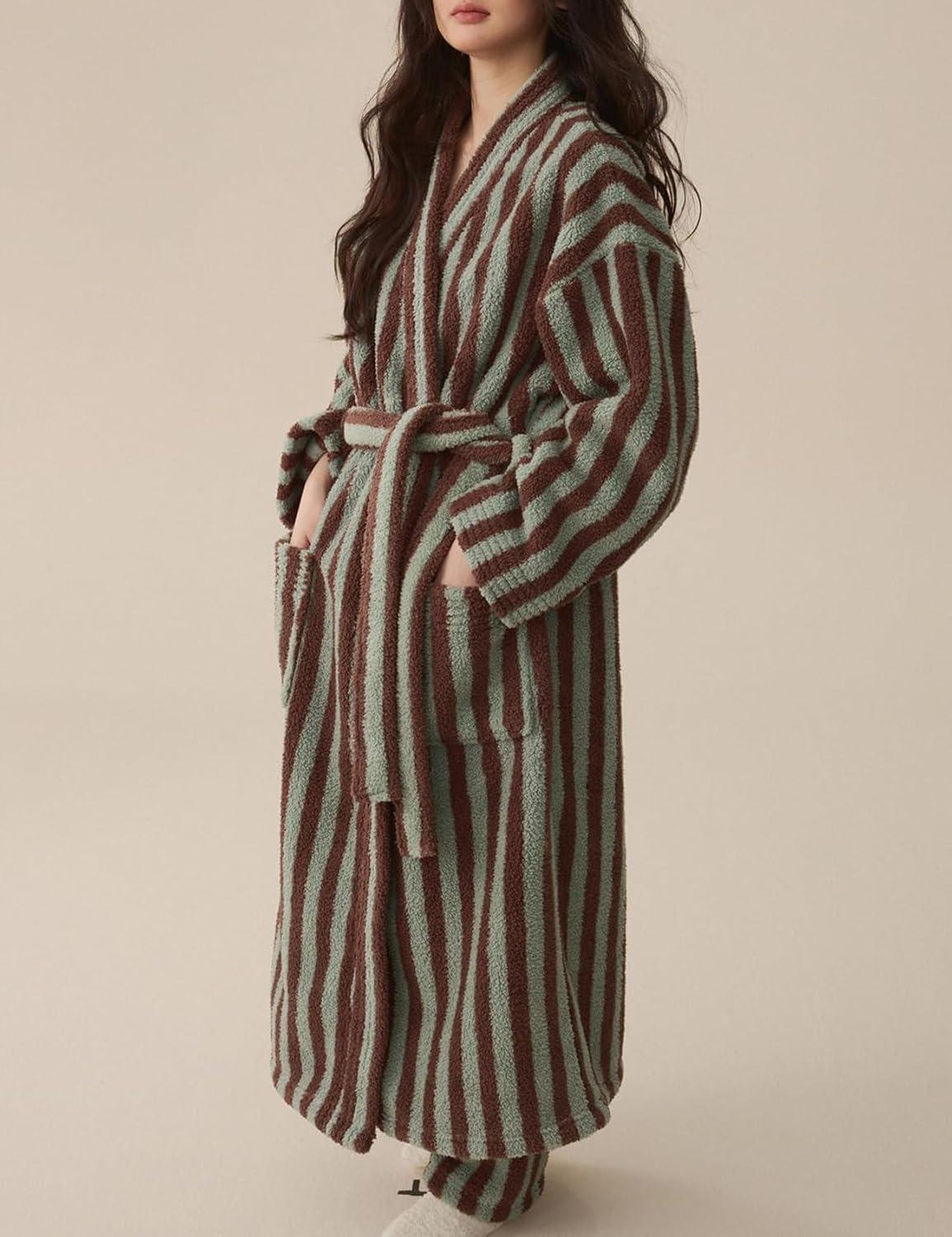 Arssm Womens Striped Fluffy Robe Long Plush Bathrobes Fuzzy Warm Cozy Thick Loungewear Maxi Robe(Khaki)