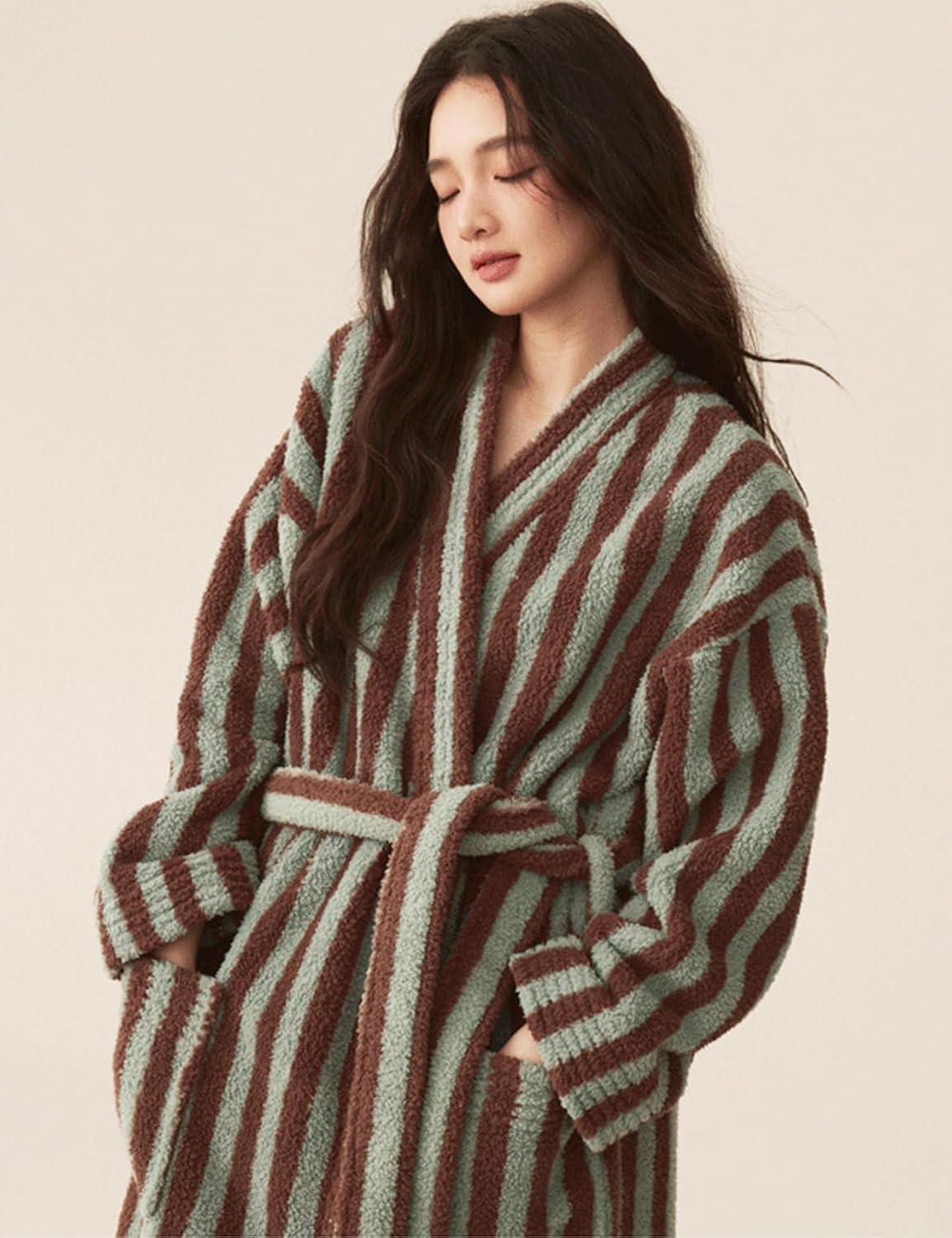 Arssm Womens Striped Fluffy Robe Long Plush Bathrobes Fuzzy Warm Cozy Thick Loungewear Maxi Robe(Khaki)