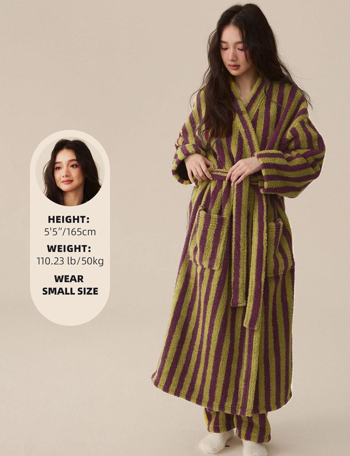 Arssm Womens Striped Fluffy Robe Long Plush Bathrobes Fuzzy Warm Cozy Thick Loungewear Maxi Robe(Purple)