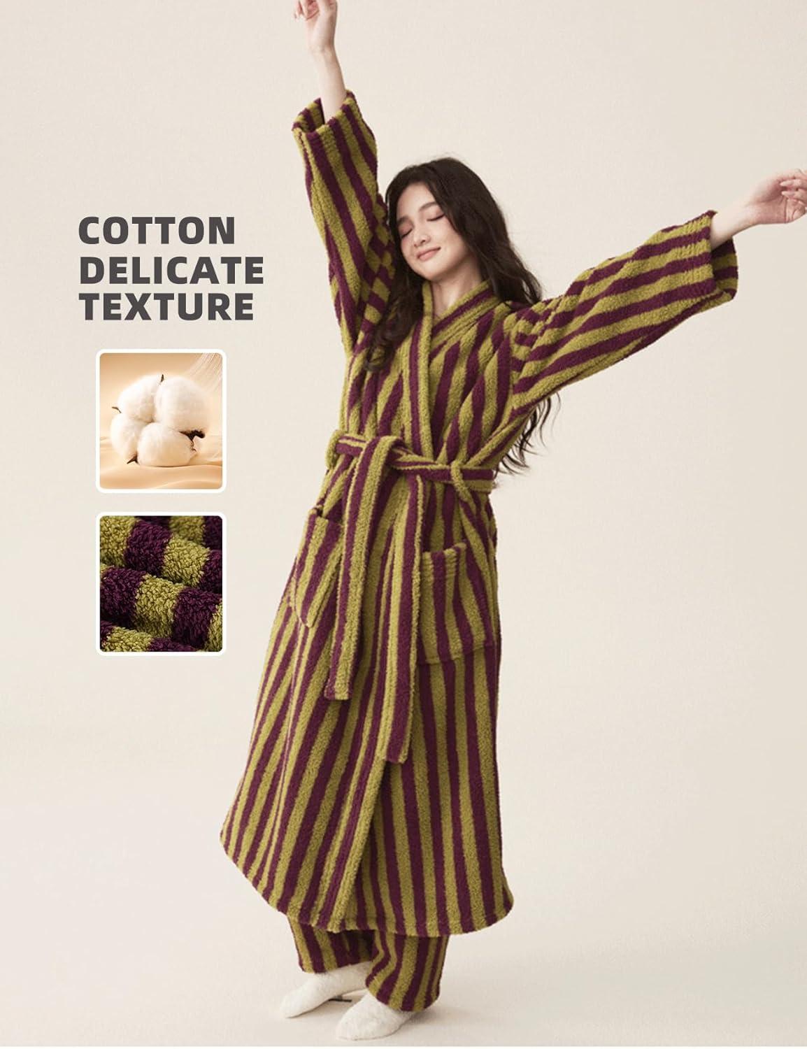Arssm Womens Striped Fluffy Robe Long Plush Bathrobes Fuzzy Warm Cozy Thick Loungewear Maxi Robe(Purple)