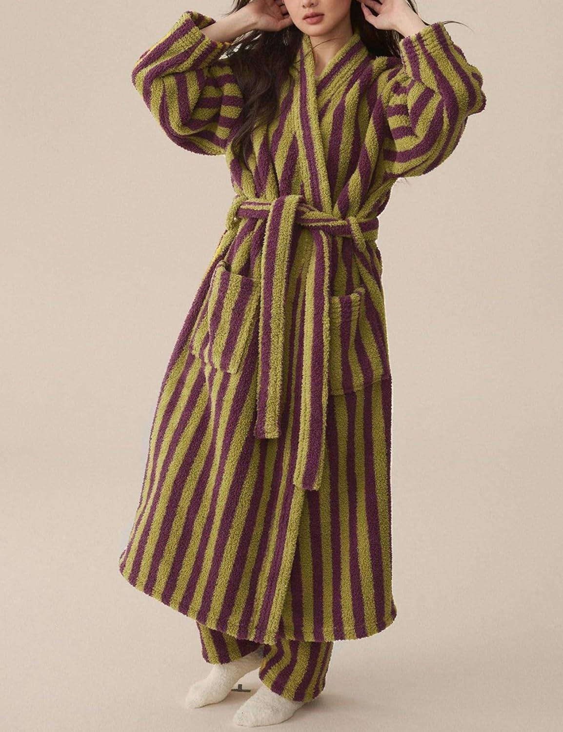 Arssm Womens Striped Fluffy Robe Long Plush Bathrobes Fuzzy Warm Cozy Thick Loungewear Maxi Robe(Purple)