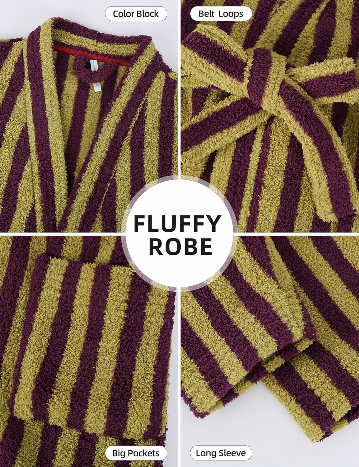Arssm Womens Striped Fluffy Robe Long Plush Bathrobes Fuzzy Warm Cozy Thick Loungewear Maxi Robe(Purple)
