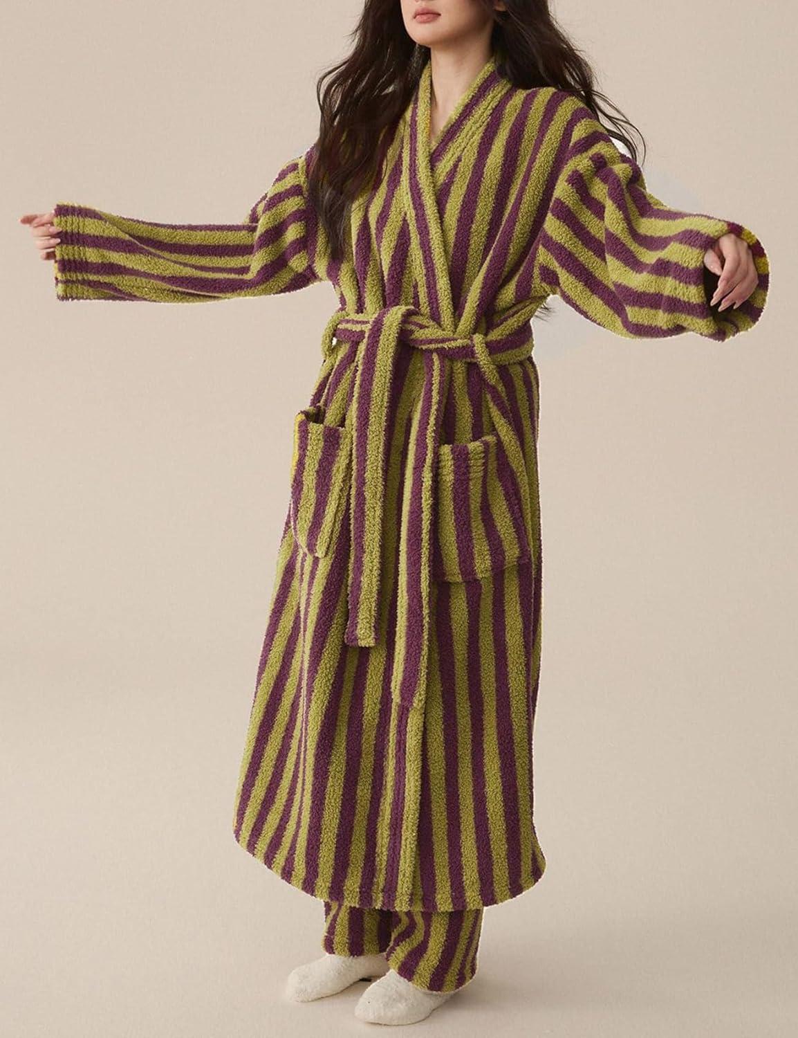 Arssm Womens Striped Fluffy Robe Long Plush Bathrobes Fuzzy Warm Cozy Thick Loungewear Maxi Robe(Purple)