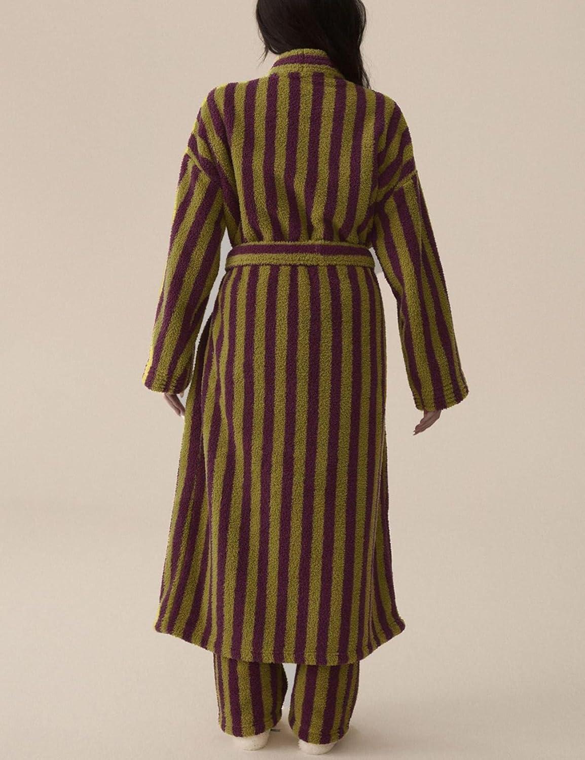 Arssm Womens Striped Fluffy Robe Long Plush Bathrobes Fuzzy Warm Cozy Thick Loungewear Maxi Robe(Purple)