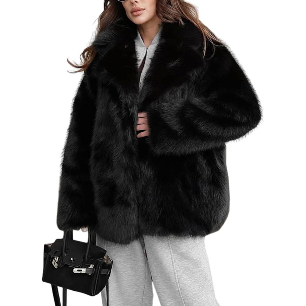 Arssm Women’s Faux Fur Coat Long Sleeve Fluffy Jacket Open Front Furry Winter Warm Lapel Shaggy Coat Outwear(Black)
