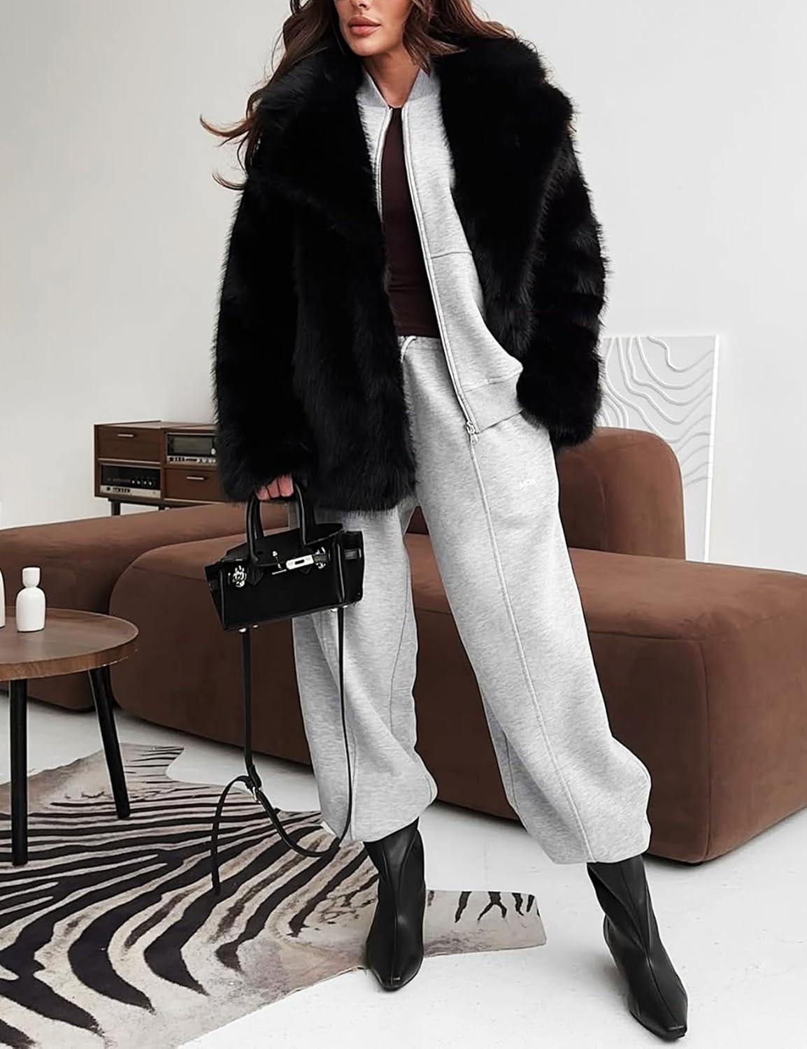 Arssm Women’s Faux Fur Coat Long Sleeve Fluffy Jacket Open Front Furry Winter Warm Lapel Shaggy Coat Outwear(Black)