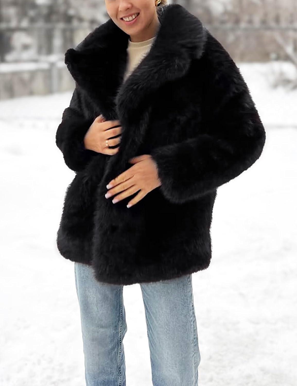 Arssm Women’s Faux Fur Coat Long Sleeve Fluffy Jacket Open Front Furry Winter Warm Lapel Shaggy Coat Outwear(Black)