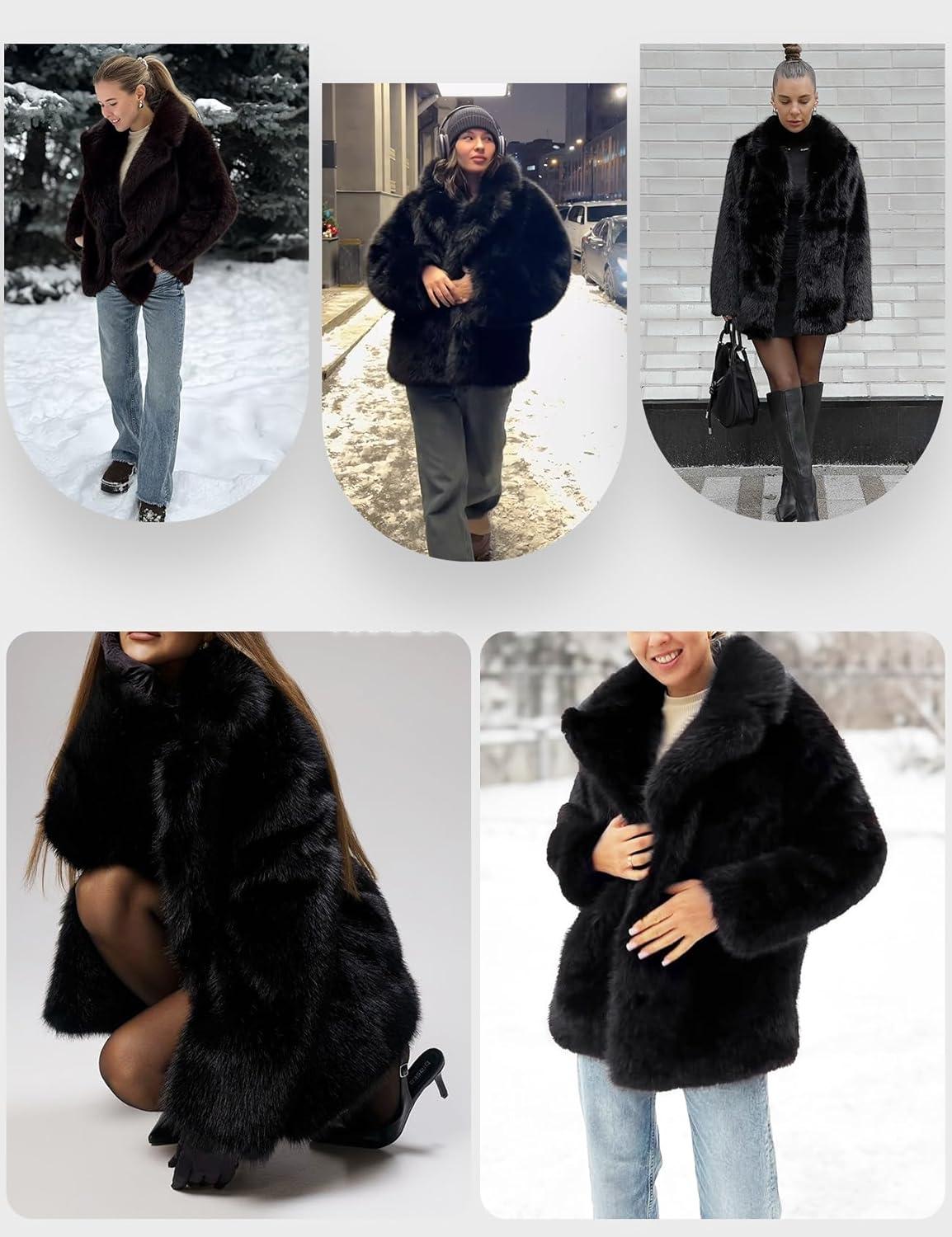 Arssm Women’s Faux Fur Coat Long Sleeve Fluffy Jacket Open Front Furry Winter Warm Lapel Shaggy Coat Outwear(Black)