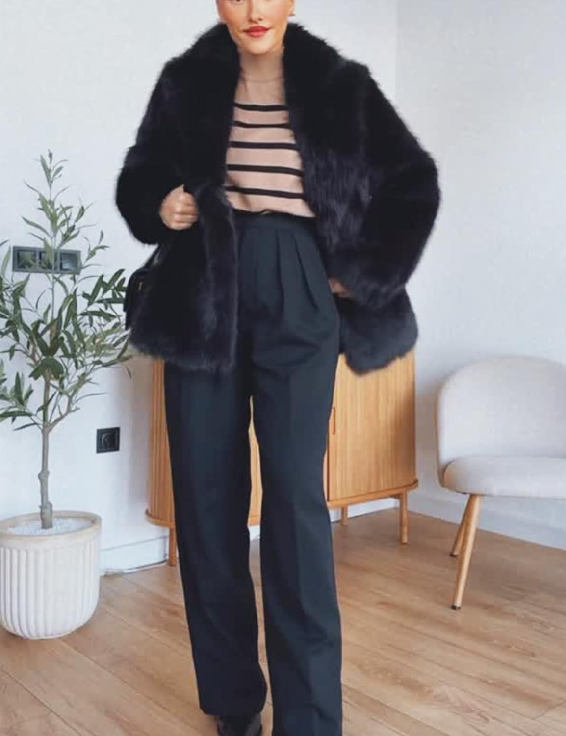 Arssm Women’s Faux Fur Coat Long Sleeve Fluffy Jacket Open Front Furry Winter Warm Lapel Shaggy Coat Outwear(Black)