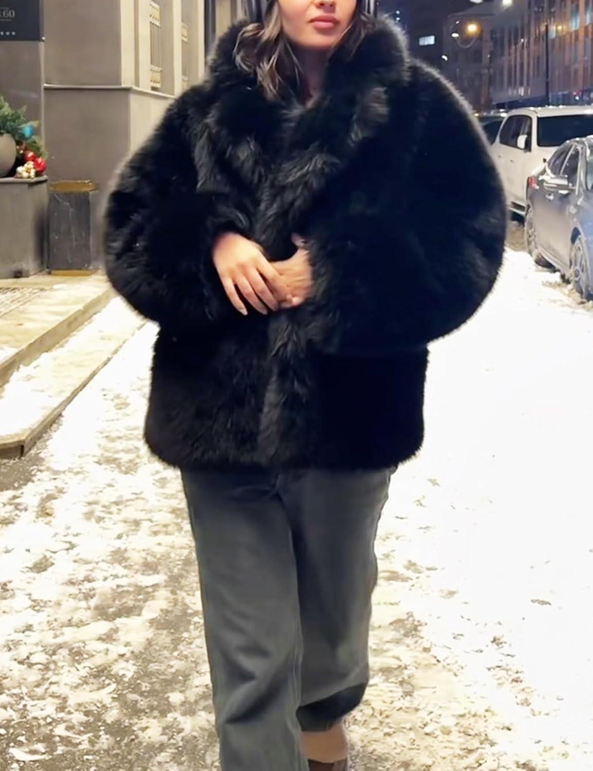 Arssm Women’s Faux Fur Coat Long Sleeve Fluffy Jacket Open Front Furry Winter Warm Lapel Shaggy Coat Outwear(Black)