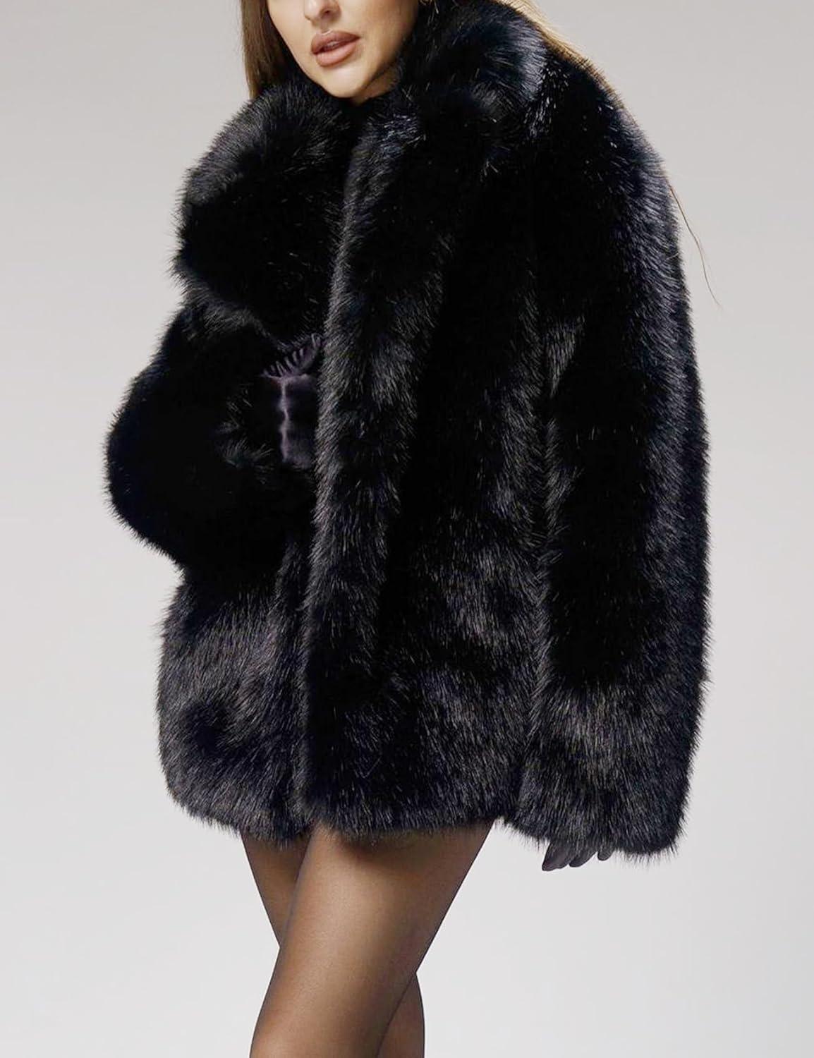 Arssm Women’s Faux Fur Coat Long Sleeve Fluffy Jacket Open Front Furry Winter Warm Lapel Shaggy Coat Outwear(Black)