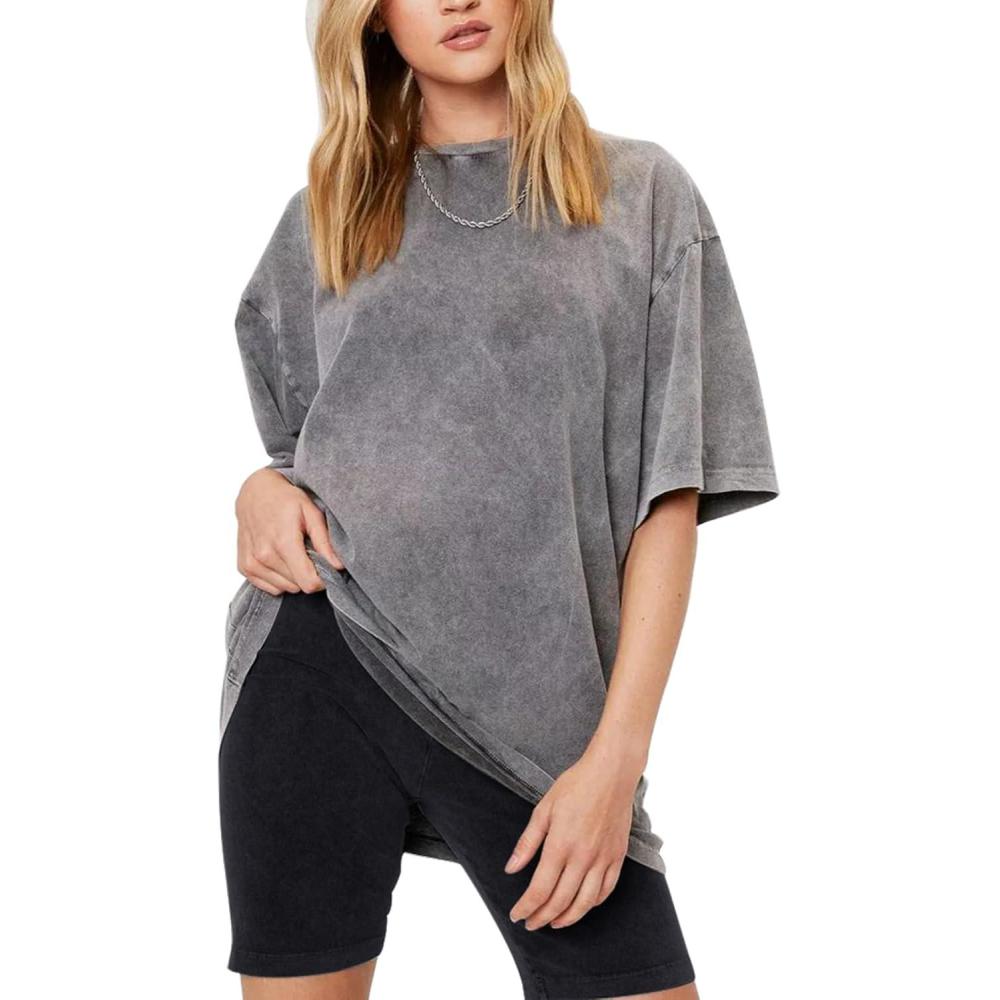 Arssm Women Oversized T Shirts Acid Washed Cotton Tees Vintage Baggy Loose Fit Streetwear Workout Tops(Grey)