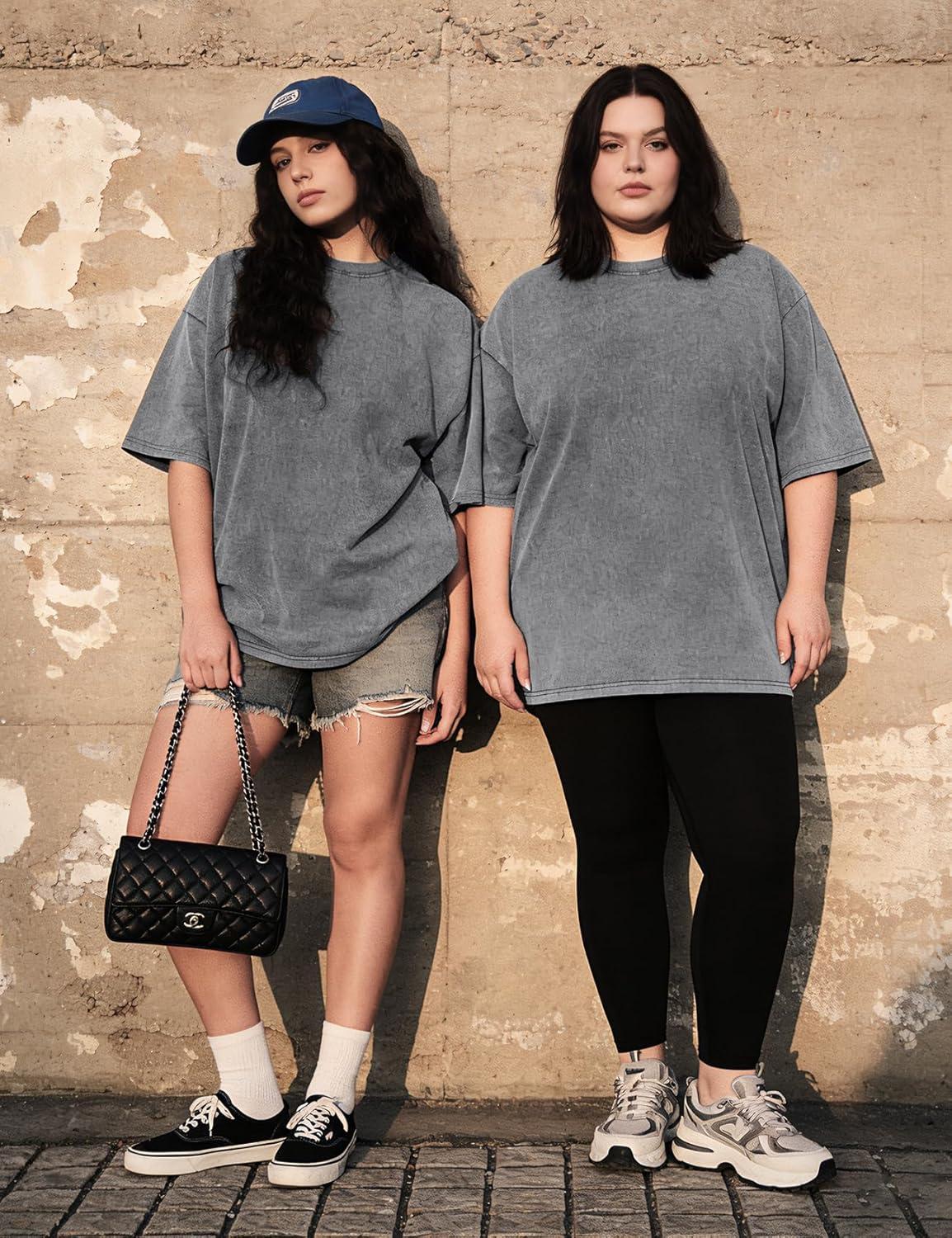 Arssm Women Oversized T Shirts Acid Washed Cotton Tees Vintage Baggy Loose Fit Streetwear Workout Tops(Grey)