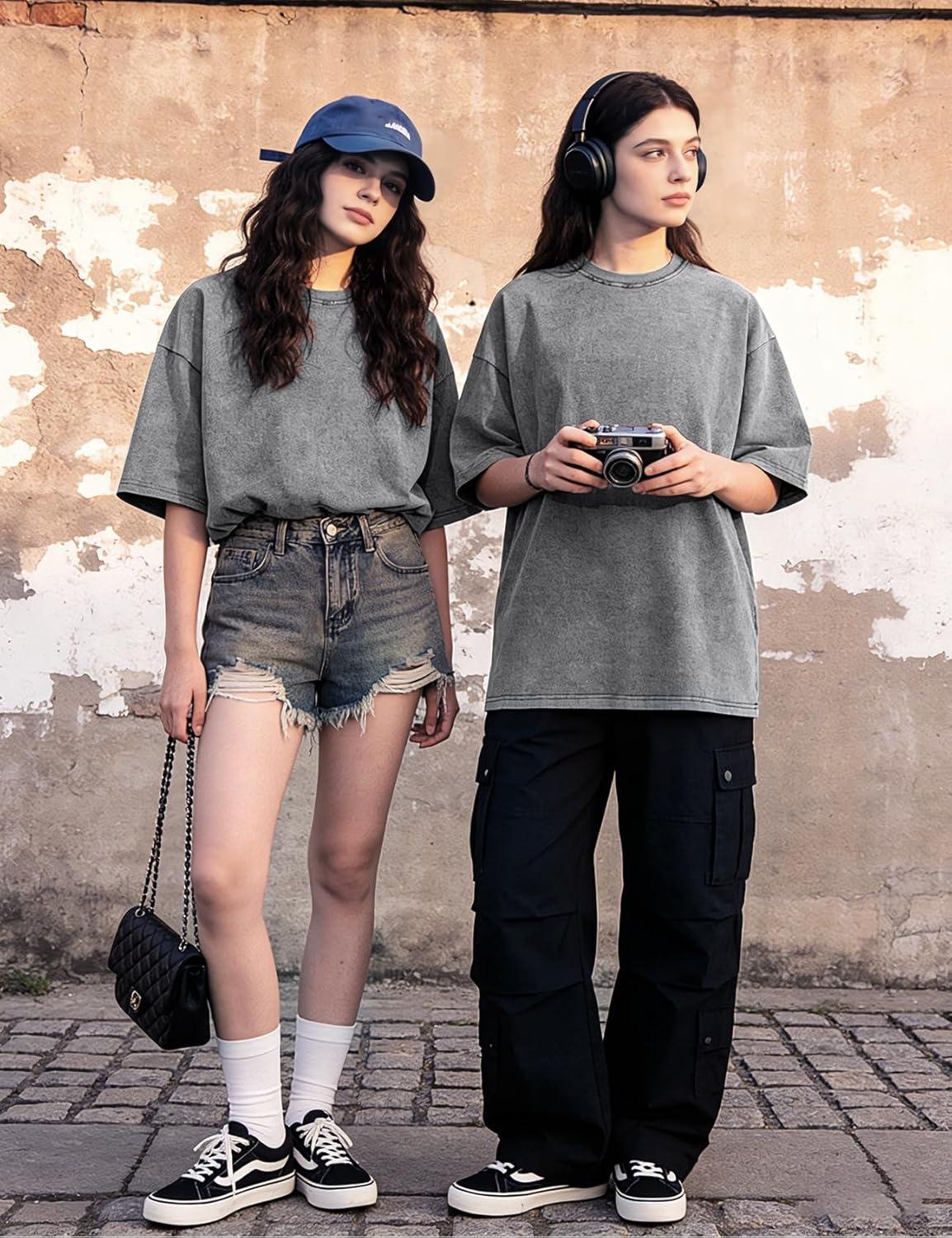 Arssm Women Oversized T Shirts Acid Washed Cotton Tees Vintage Baggy Loose Fit Streetwear Workout Tops(Grey)