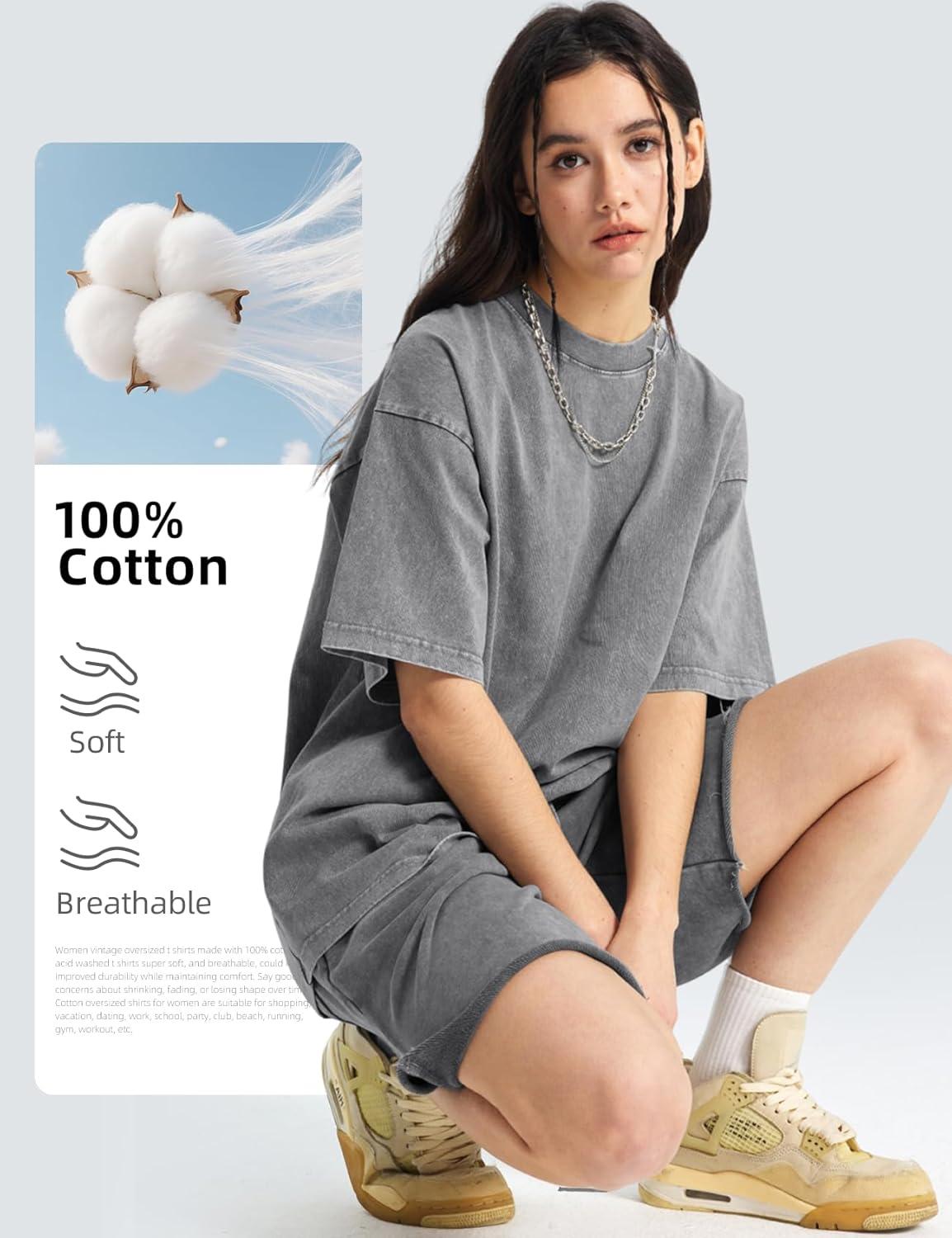 Arssm Women Oversized T Shirts Acid Washed Cotton Tees Vintage Baggy Loose Fit Streetwear Workout Tops(Grey)