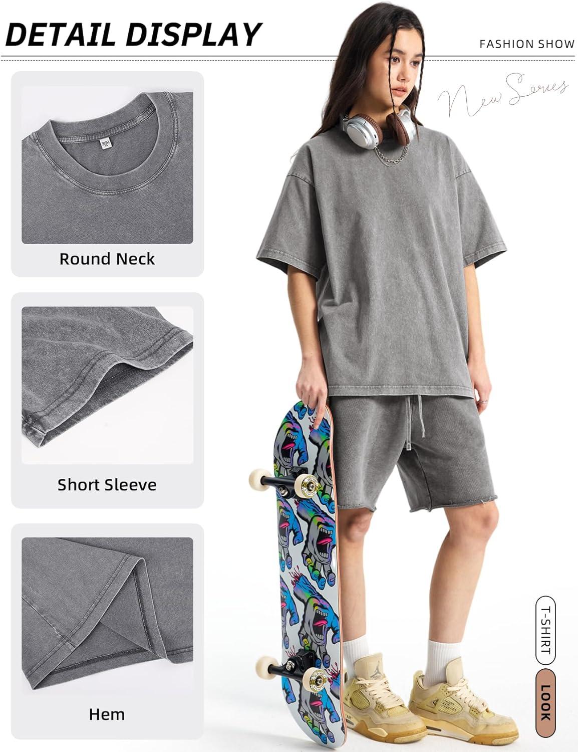 Arssm Women Oversized T Shirts Acid Washed Cotton Tees Vintage Baggy Loose Fit Streetwear Workout Tops(Grey)