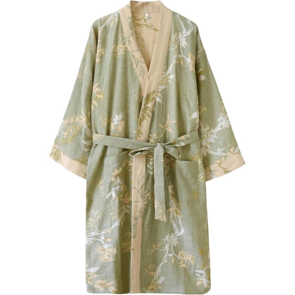 Arssm Women Cotton Gauze Robes Jacquard Japanese Yukata Muslin Kimono Robe Bathrobe Loungewear Sleepwear(Lightgreen)
