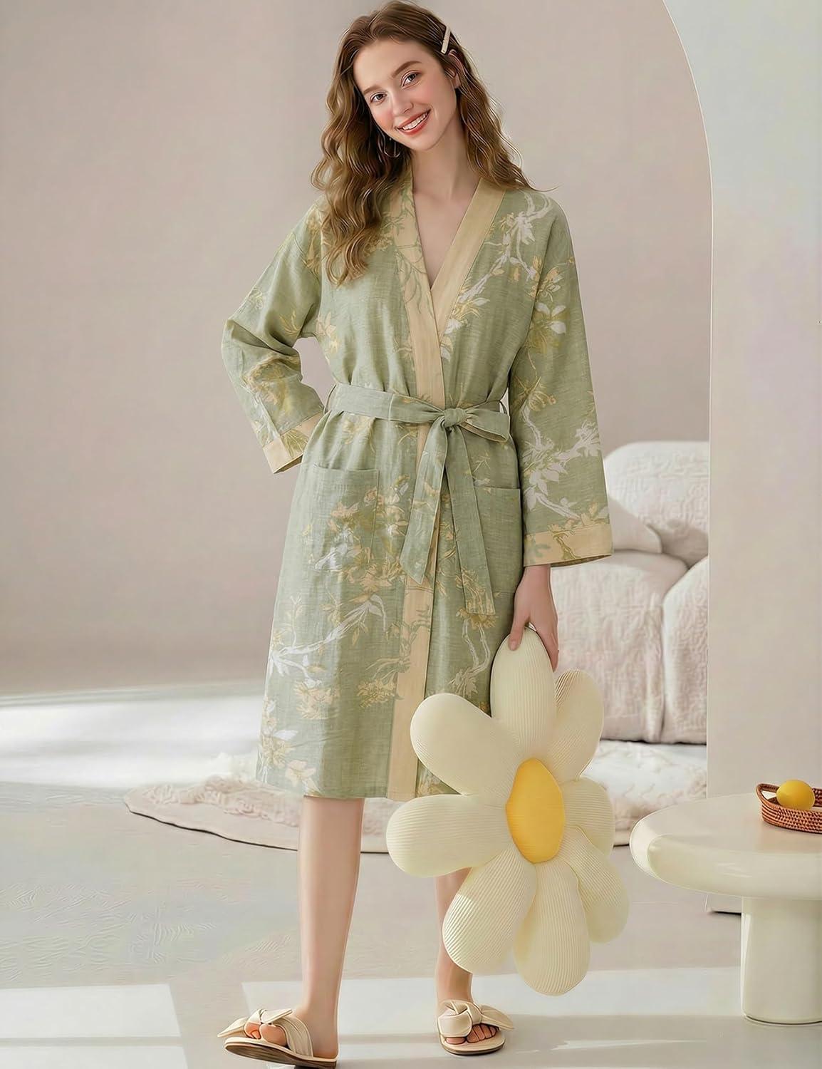 Arssm Women Cotton Gauze Robes Jacquard Japanese Yukata Muslin Kimono Robe Bathrobe Loungewear Sleepwear(Lightgreen)