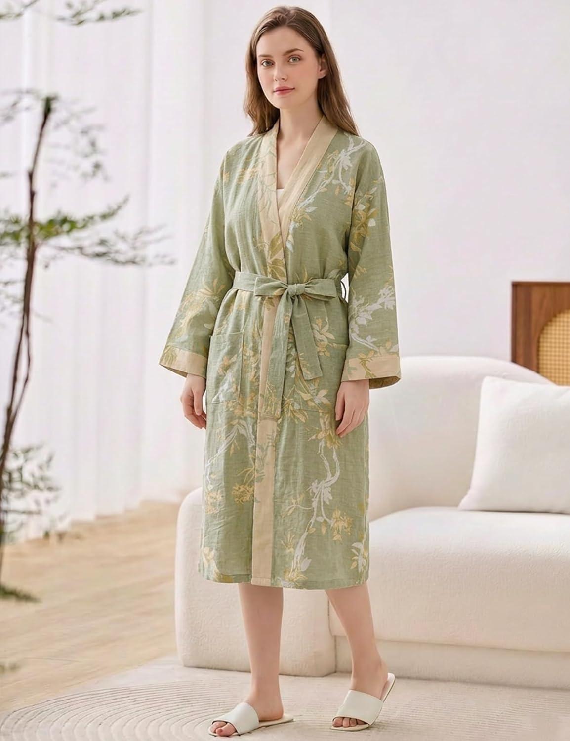 Arssm Women Cotton Gauze Robes Jacquard Japanese Yukata Muslin Kimono Robe Bathrobe Loungewear Sleepwear(Lightgreen)