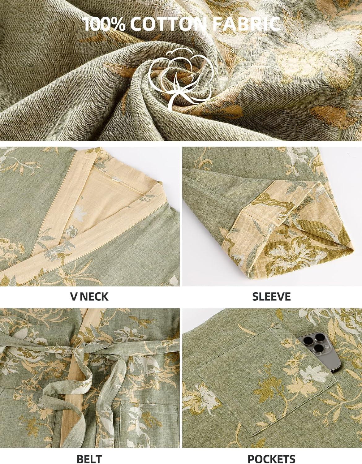Arssm Women Cotton Gauze Robes Jacquard Japanese Yukata Muslin Kimono Robe Bathrobe Loungewear Sleepwear(Lightgreen)