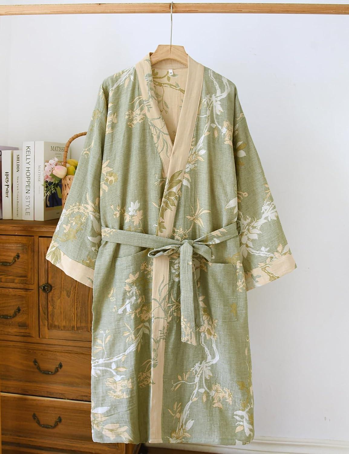 Arssm Women Cotton Gauze Robes Jacquard Japanese Yukata Muslin Kimono Robe Bathrobe Loungewear Sleepwear(Lightgreen)