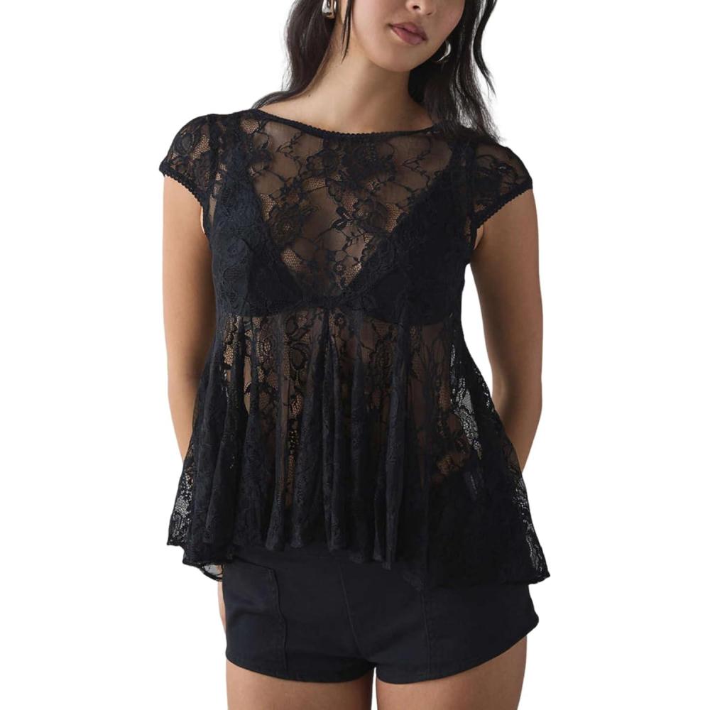 Arssm Sheer Tops for Women Short Sleeve Lace Tops See Through Babydoll Tops Mesh Shirts(Black)