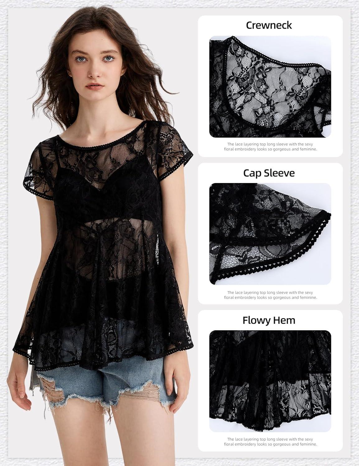 Arssm Sheer Tops for Women Short Sleeve Lace Tops See Through Babydoll Tops Mesh Shirts(Black)