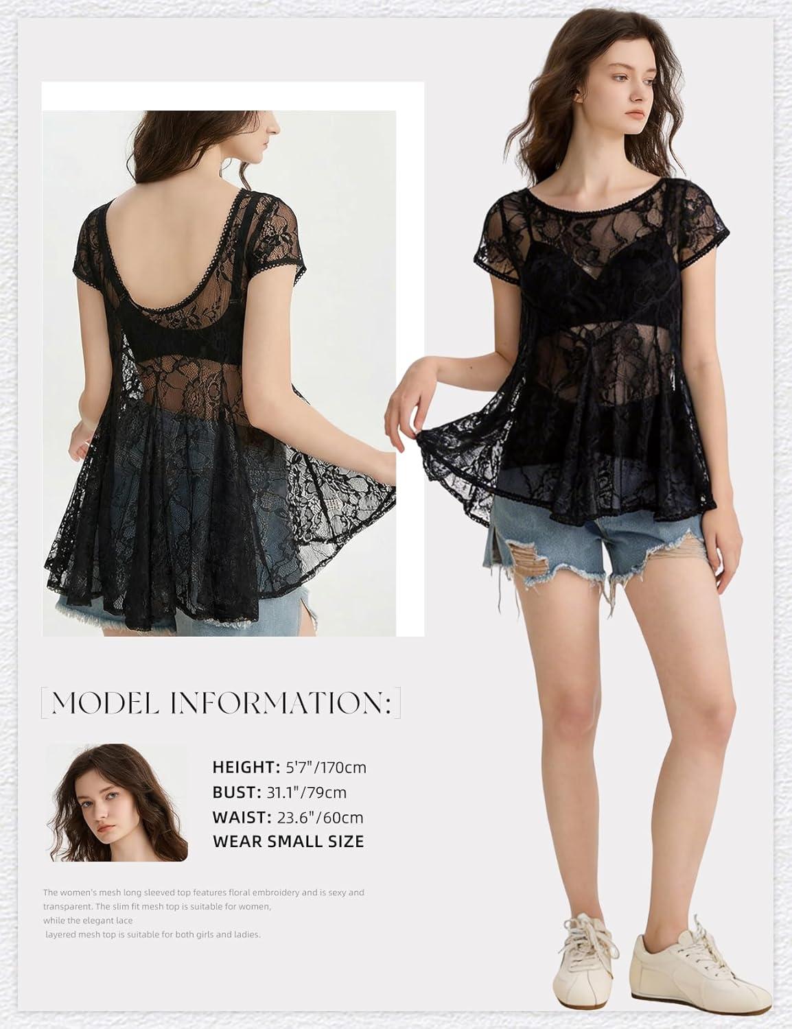 Arssm Sheer Tops for Women Short Sleeve Lace Tops See Through Babydoll Tops Mesh Shirts(Black)
