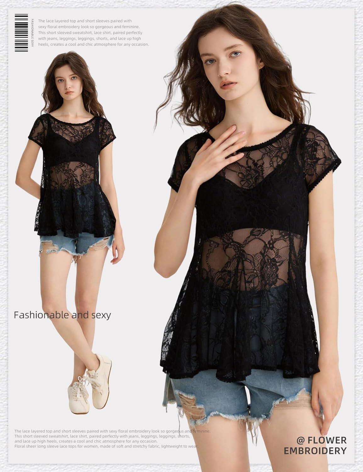 Arssm Sheer Tops for Women Short Sleeve Lace Tops See Through Babydoll Tops Mesh Shirts(Black)