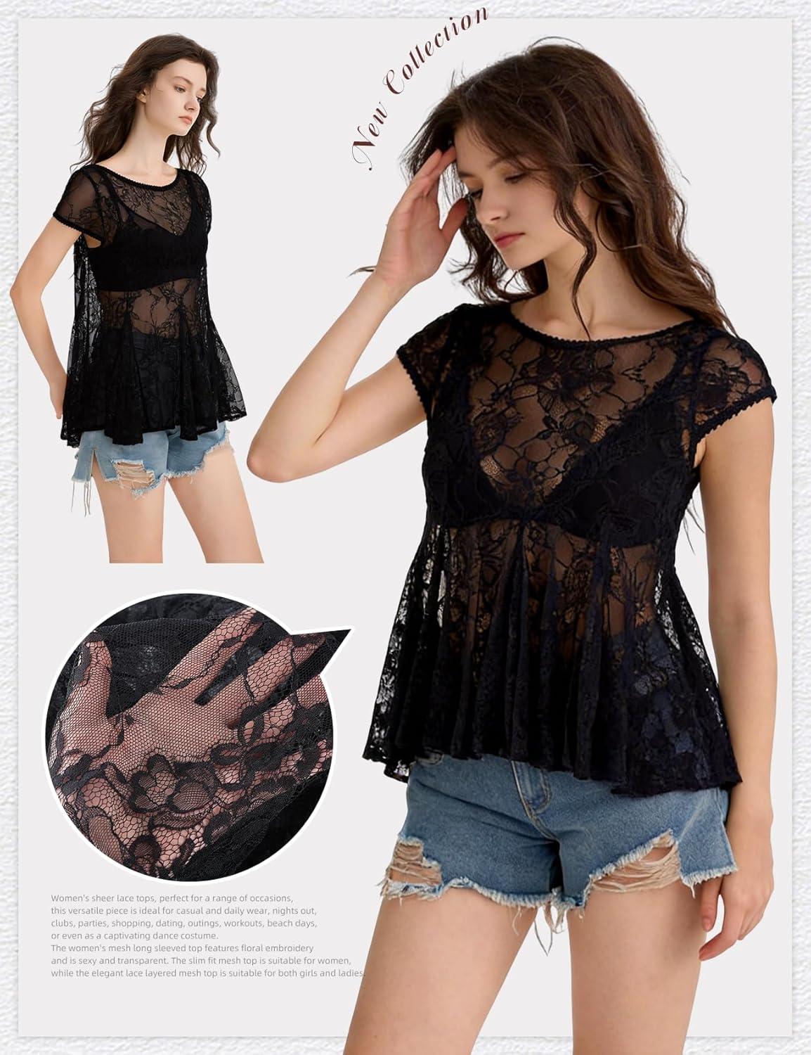 Arssm Sheer Tops for Women Short Sleeve Lace Tops See Through Babydoll Tops Mesh Shirts(Black)