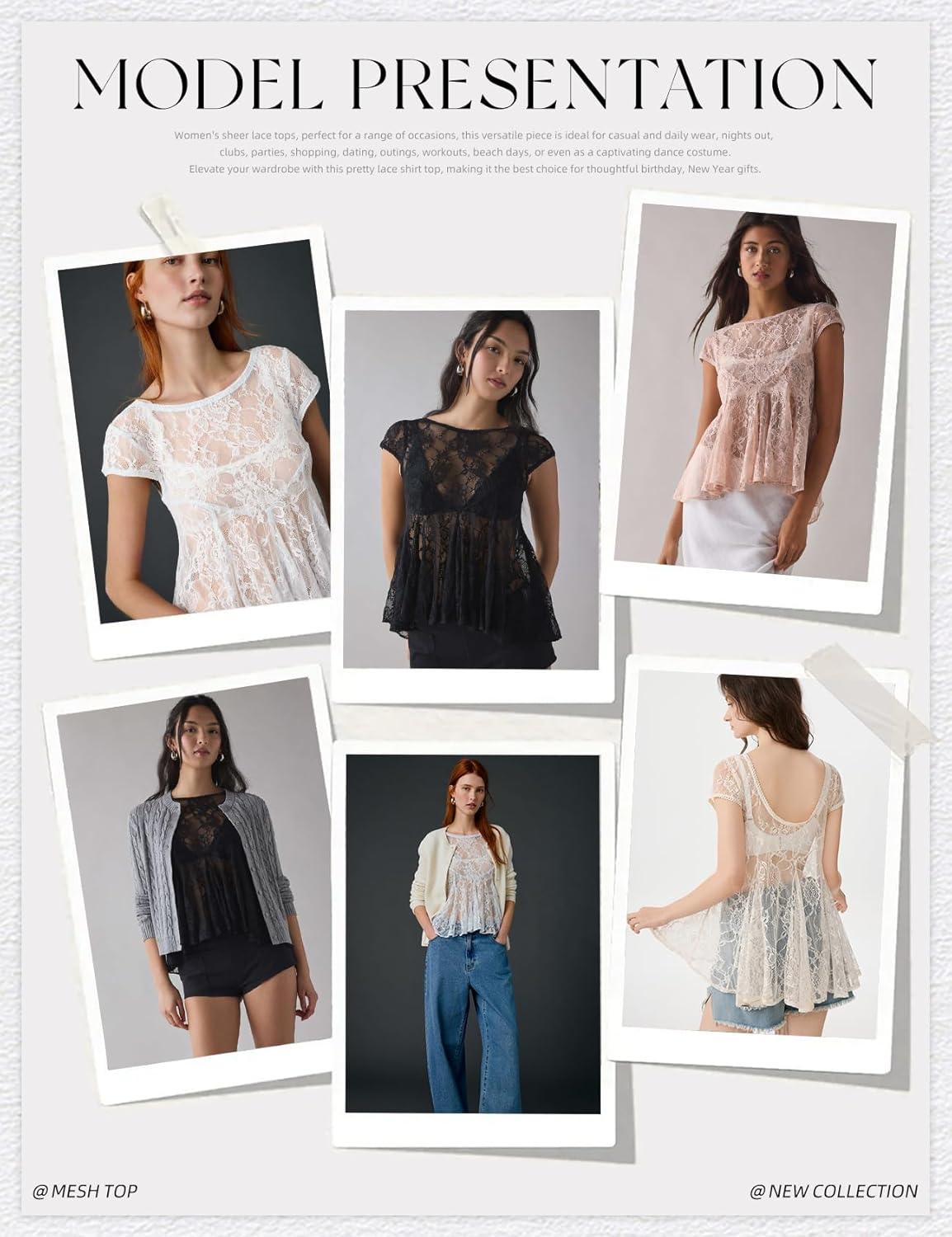 Arssm Sheer Tops for Women Short Sleeve Lace Tops See Through Babydoll Tops Mesh Shirts(Black)