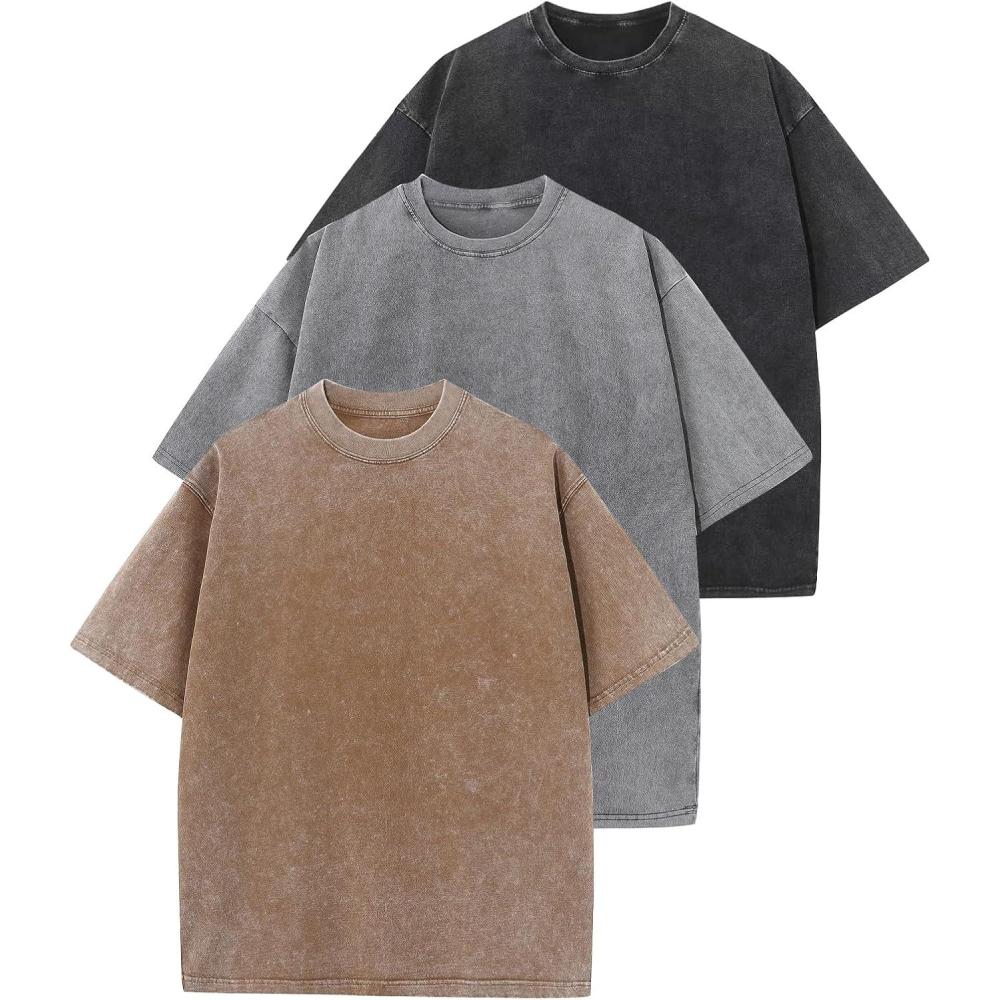 Arssm 3 Pack Men Oversized T Shirts Vintage Tee Loose Fit Short Sleeve Casual Streetwear Baggy Washed Unisex Tops(Black+grey+khaki)