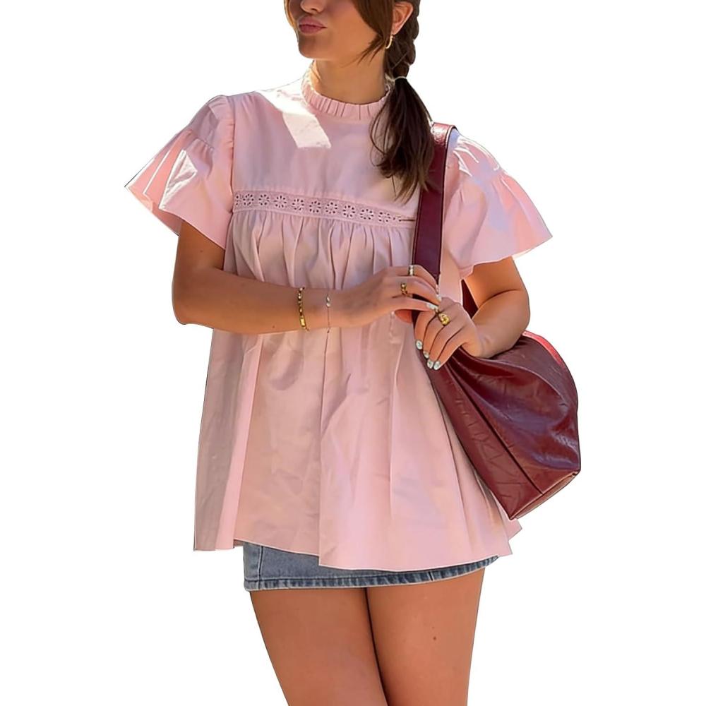 Arssm Peplum Tops for Women Short Sleeve Babydoll Shirt Mock Neck Blouse Pleated Tunic Shirts(Pink)