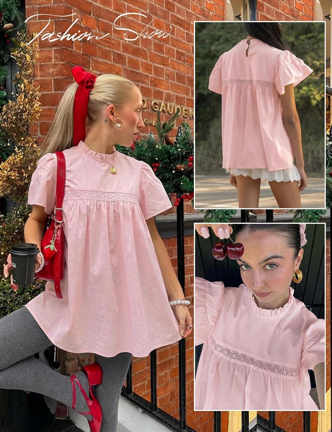 Arssm Peplum Tops for Women Short Sleeve Babydoll Shirt Mock Neck Blouse Pleated Tunic Shirts(Pink)