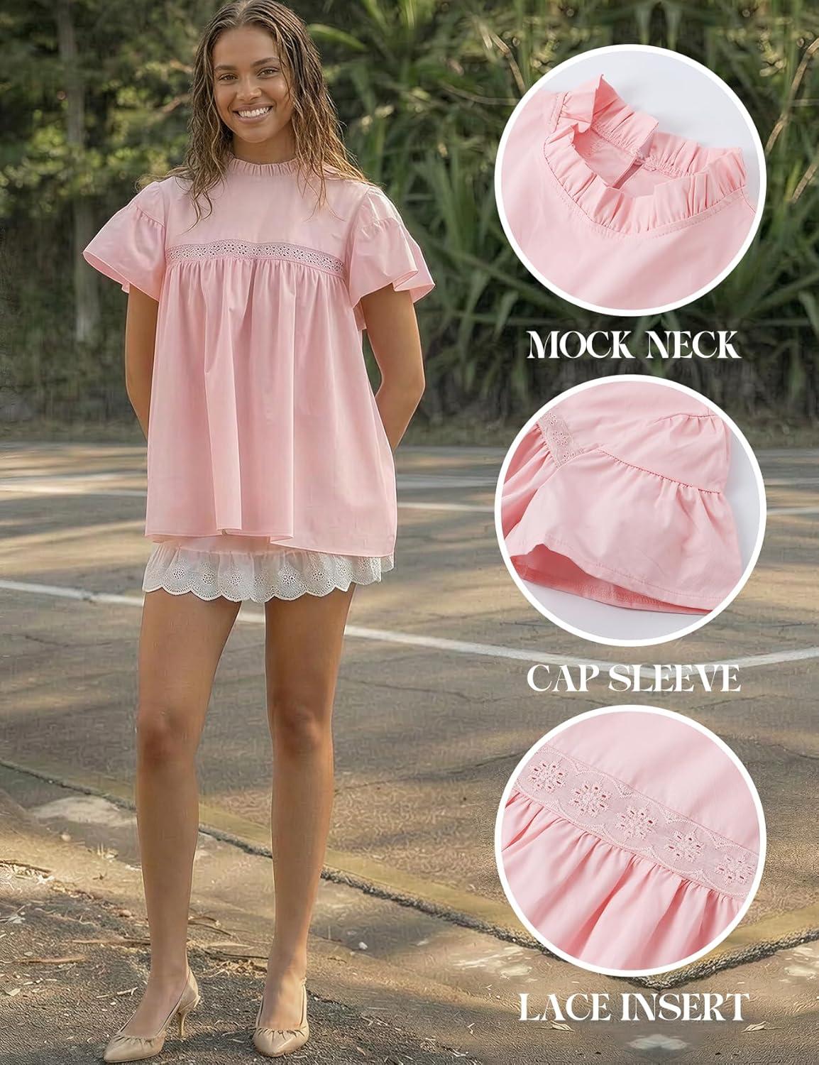 Arssm Peplum Tops for Women Short Sleeve Babydoll Shirt Mock Neck Blouse Pleated Tunic Shirts(Pink)