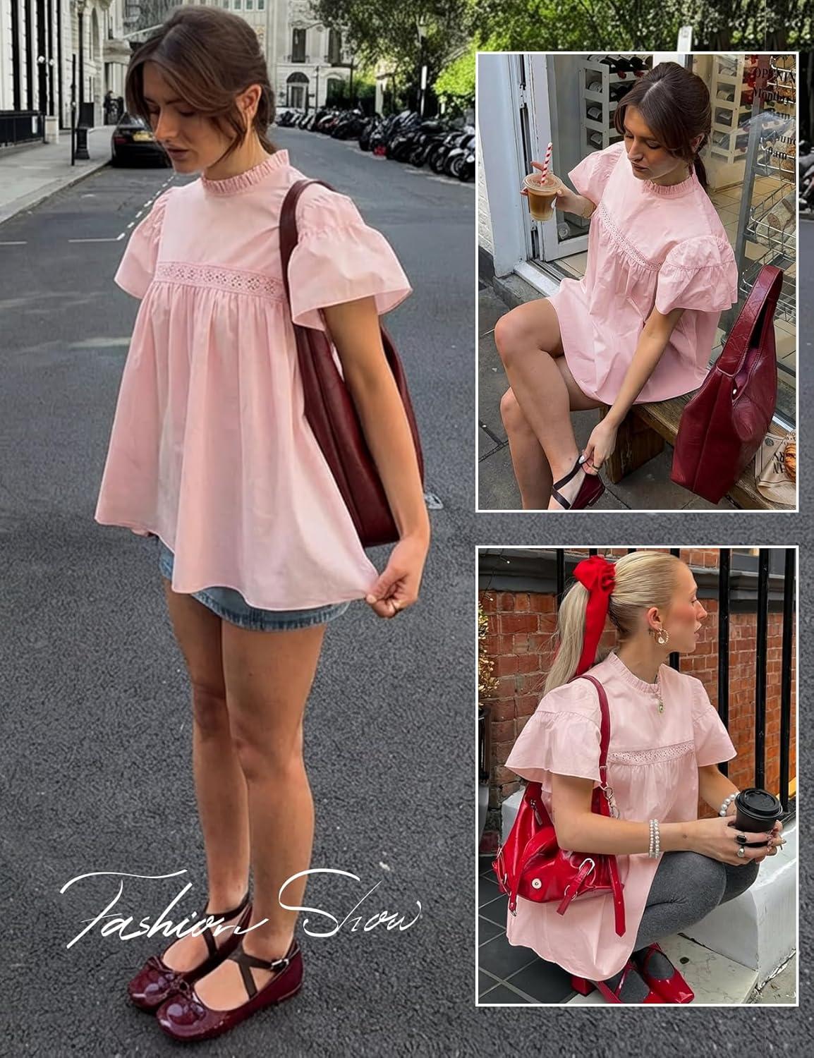 Arssm Peplum Tops for Women Short Sleeve Babydoll Shirt Mock Neck Blouse Pleated Tunic Shirts(Pink)