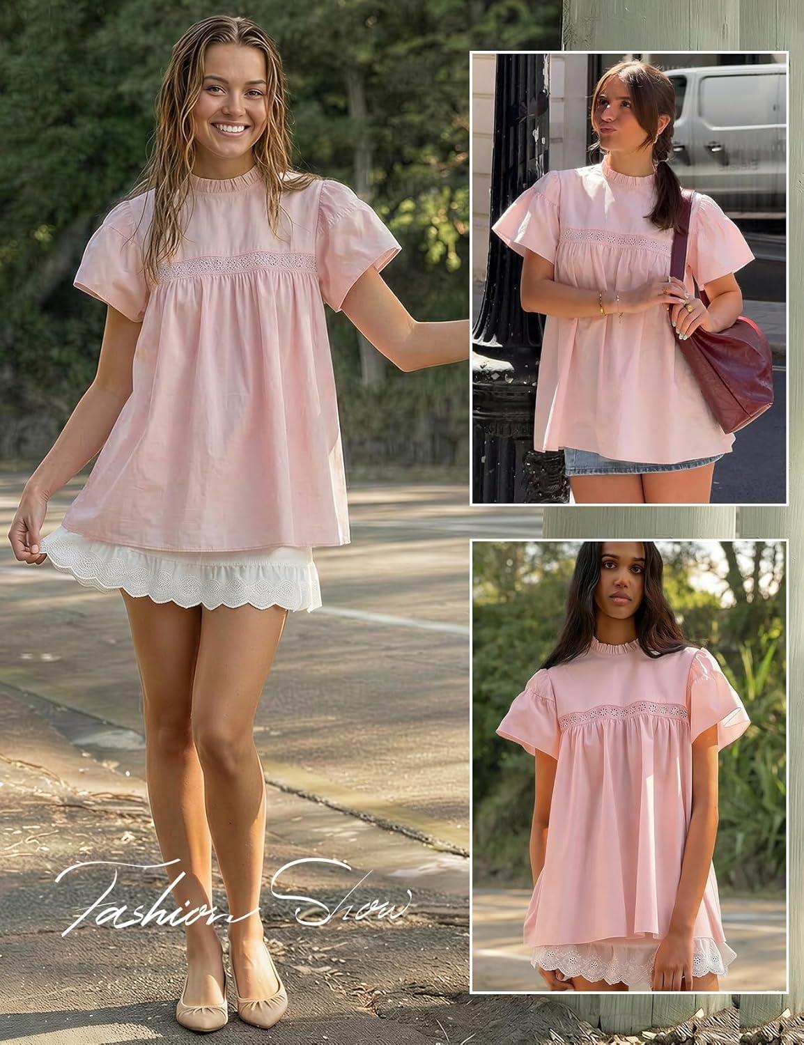 Arssm Peplum Tops for Women Short Sleeve Babydoll Shirt Mock Neck Blouse Pleated Tunic Shirts(Pink)