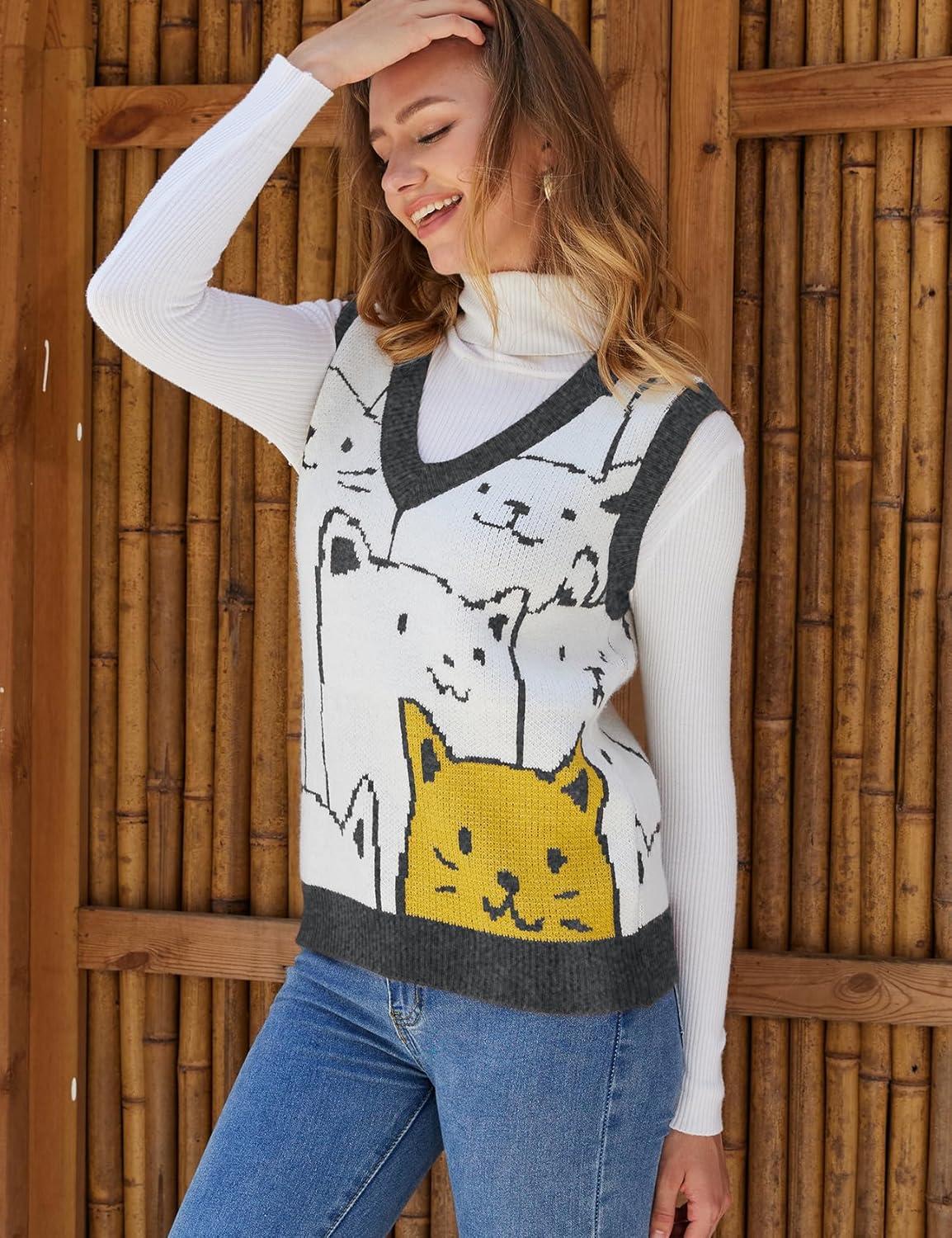 Arssm Womens Cat Print Pullover Sweater Vest V Neck Sleeveless Knit Vests 2025 Pullover Knitted Tank Top(Darkgrey)