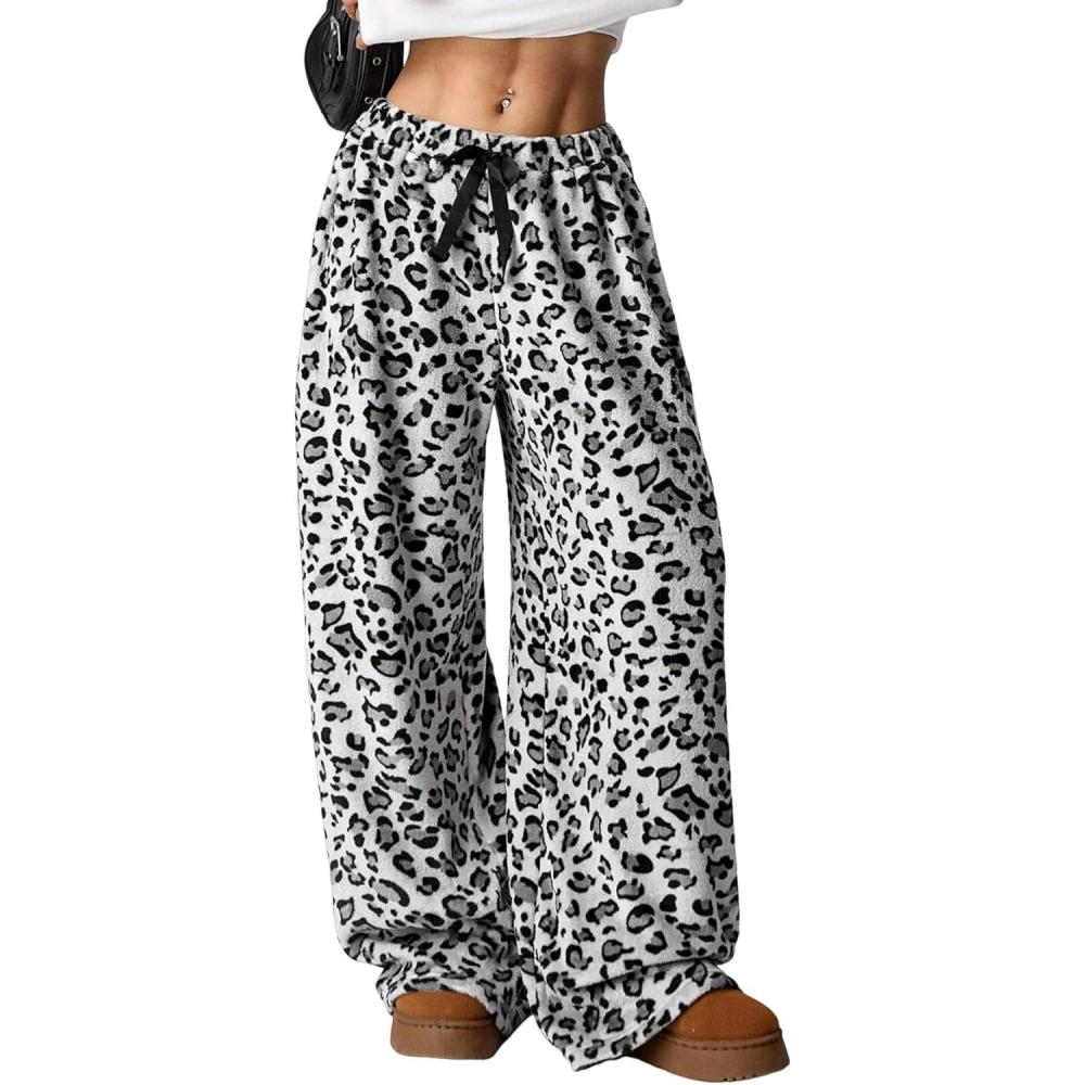 Arssm Women’s Fuzzy Pajama Pants Plush Elastic Waist Wide Leg Leopard Pants Pajama Bottoms Fluffy Pants(White)