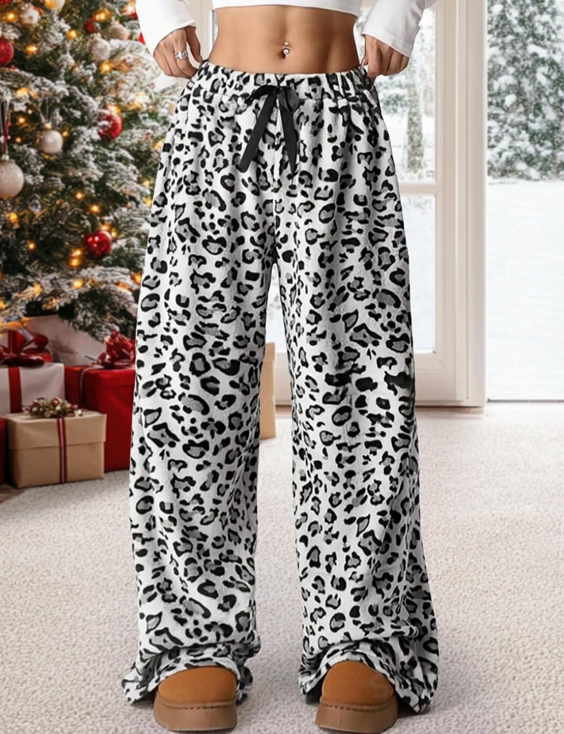 Arssm Women’s Fuzzy Pajama Pants Plush Elastic Waist Wide Leg Leopard Pants Pajama Bottoms Fluffy Pants(White)