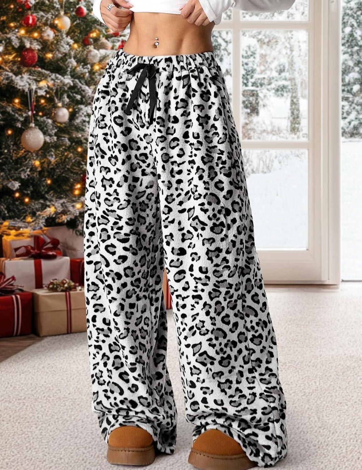 Arssm Women’s Fuzzy Pajama Pants Plush Elastic Waist Wide Leg Leopard Pants Pajama Bottoms Fluffy Pants(White)