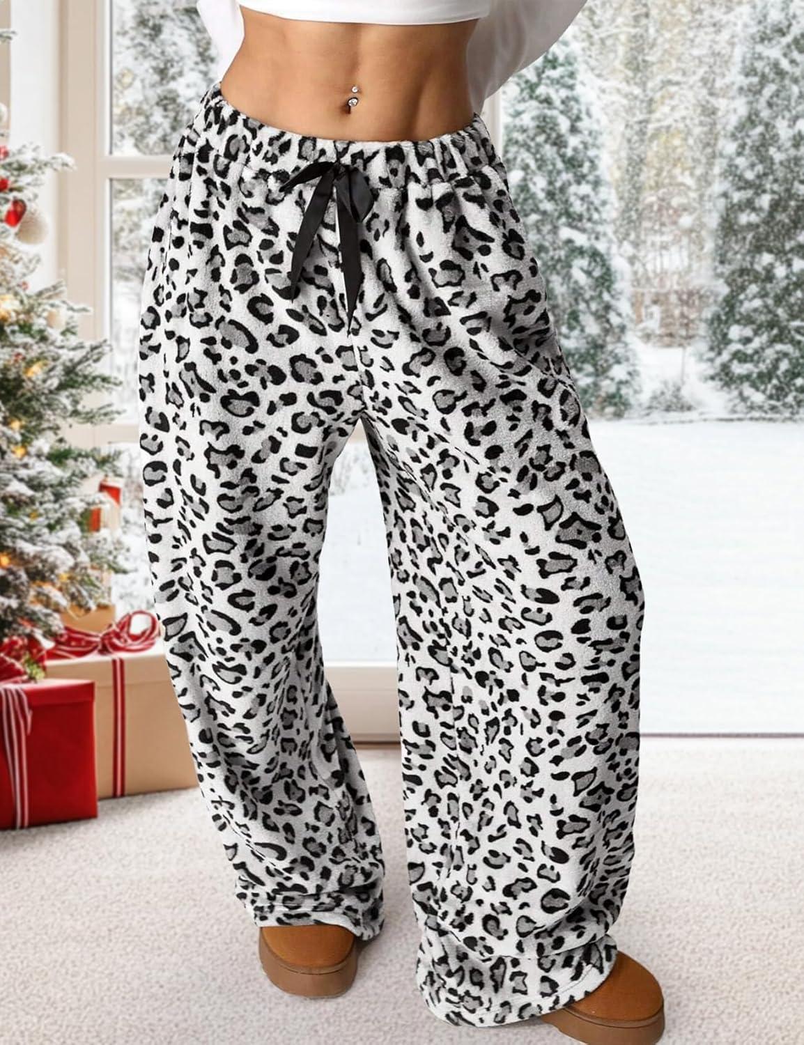 Arssm Women’s Fuzzy Pajama Pants Plush Elastic Waist Wide Leg Leopard Pants Pajama Bottoms Fluffy Pants(White)
