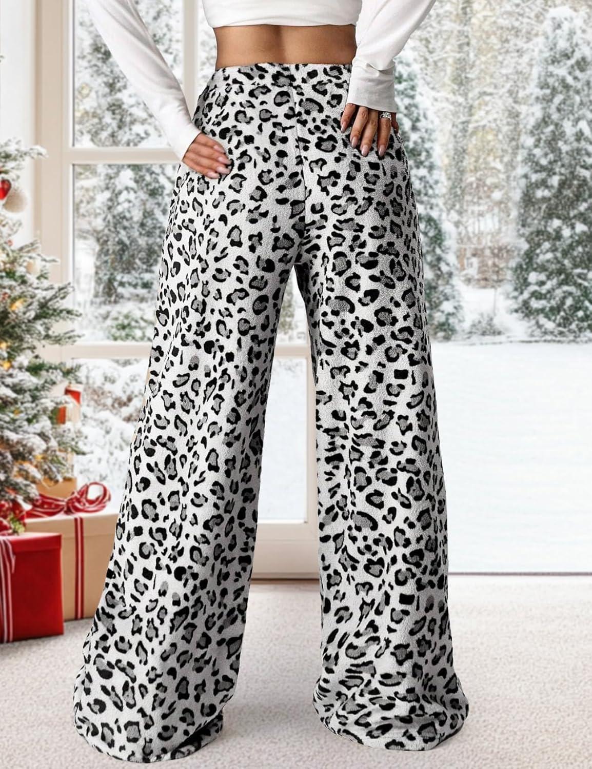 Arssm Women’s Fuzzy Pajama Pants Plush Elastic Waist Wide Leg Leopard Pants Pajama Bottoms Fluffy Pants(White)