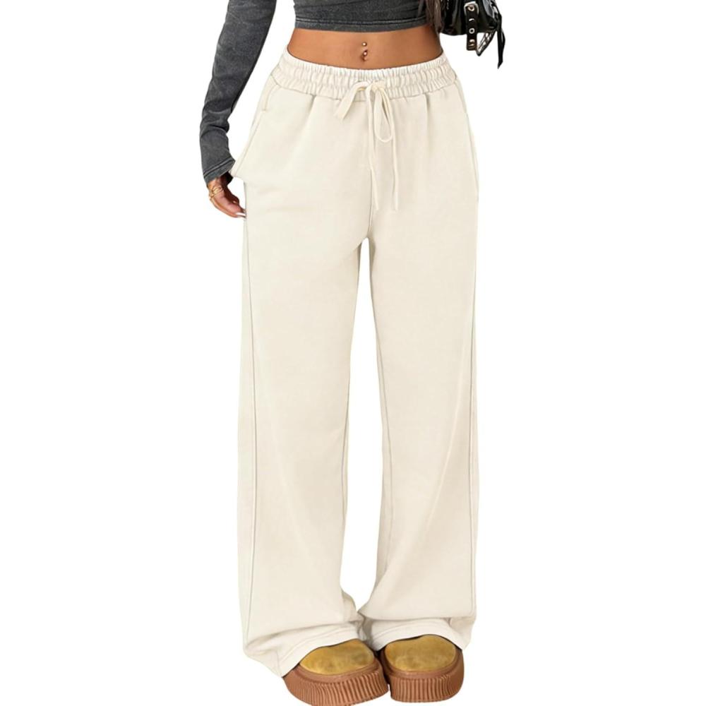 Arssm Baggy Sweatpants for Women Wide Leg Pants Vintage Cotton Acid Wash Drawstring Joggers with Pockets(Apricot)