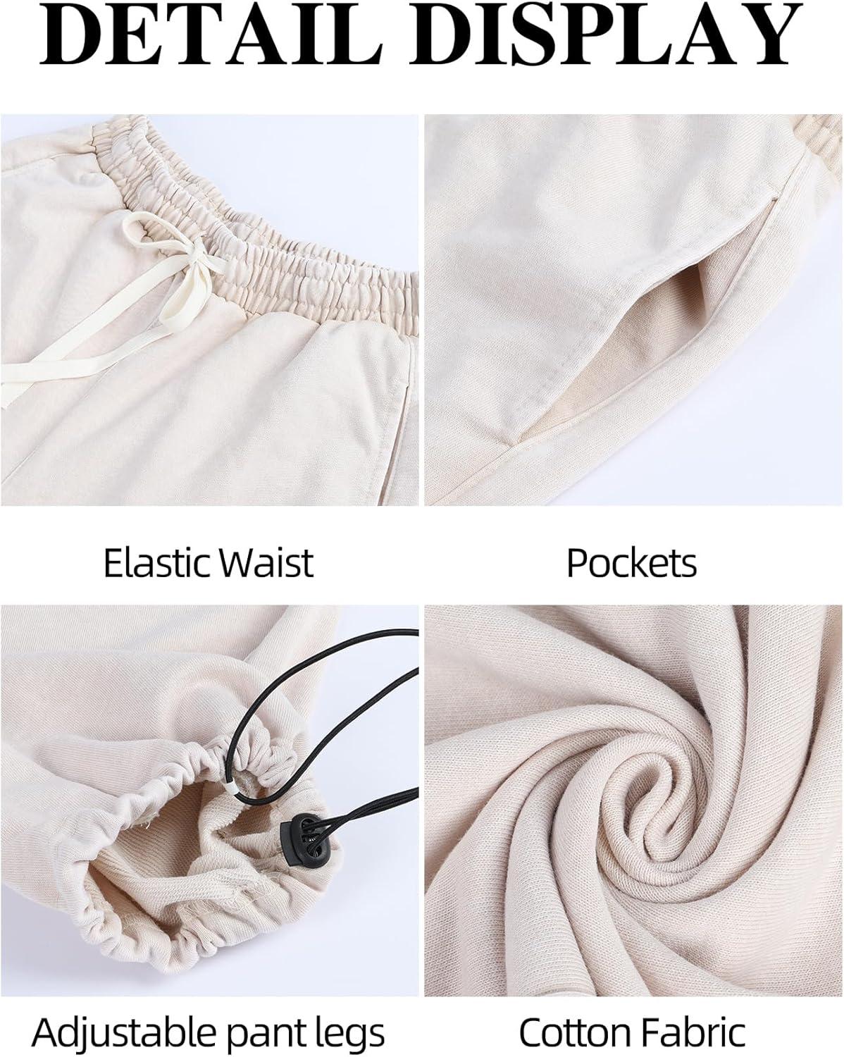 Arssm Baggy Sweatpants for Women Wide Leg Pants Vintage Cotton Acid Wash Drawstring Joggers with Pockets(Apricot)
