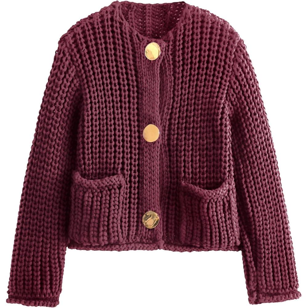 Arssm Womens Cropped Cardigan Sweaters Chunky Open Front Button Down Knit Sweater Long Sleeve Loose Cardigan Outerwear(Darkred)