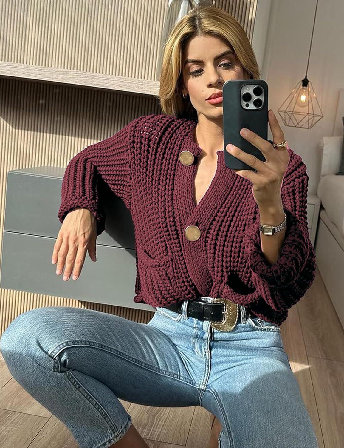 Arssm Womens Cropped Cardigan Sweaters Chunky Open Front Button Down Knit Sweater Long Sleeve Loose Cardigan Outerwear(Darkred)
