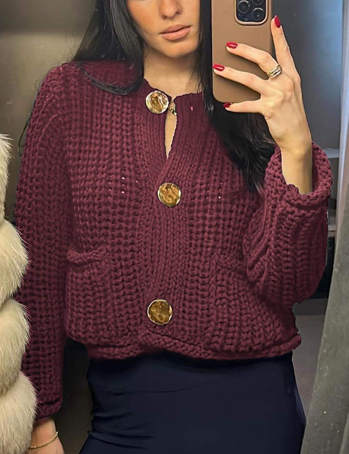Arssm Womens Cropped Cardigan Sweaters Chunky Open Front Button Down Knit Sweater Long Sleeve Loose Cardigan Outerwear(Darkred)