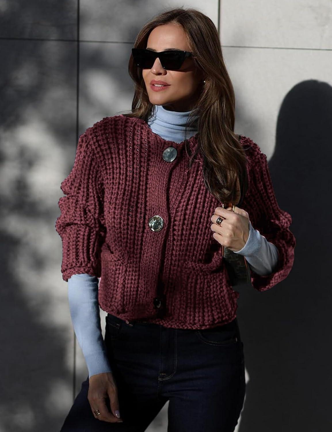 Arssm Womens Cropped Cardigan Sweaters Chunky Open Front Button Down Knit Sweater Long Sleeve Loose Cardigan Outerwear(Darkred)